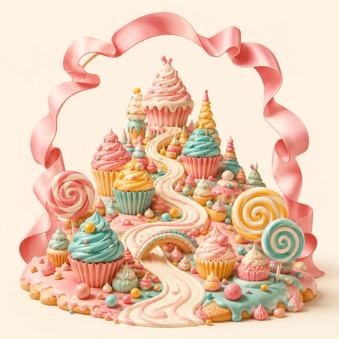 Digital concept illustration of a miniature pastel dessert world built from cupcakes, candy spirals and a static ribbon arch