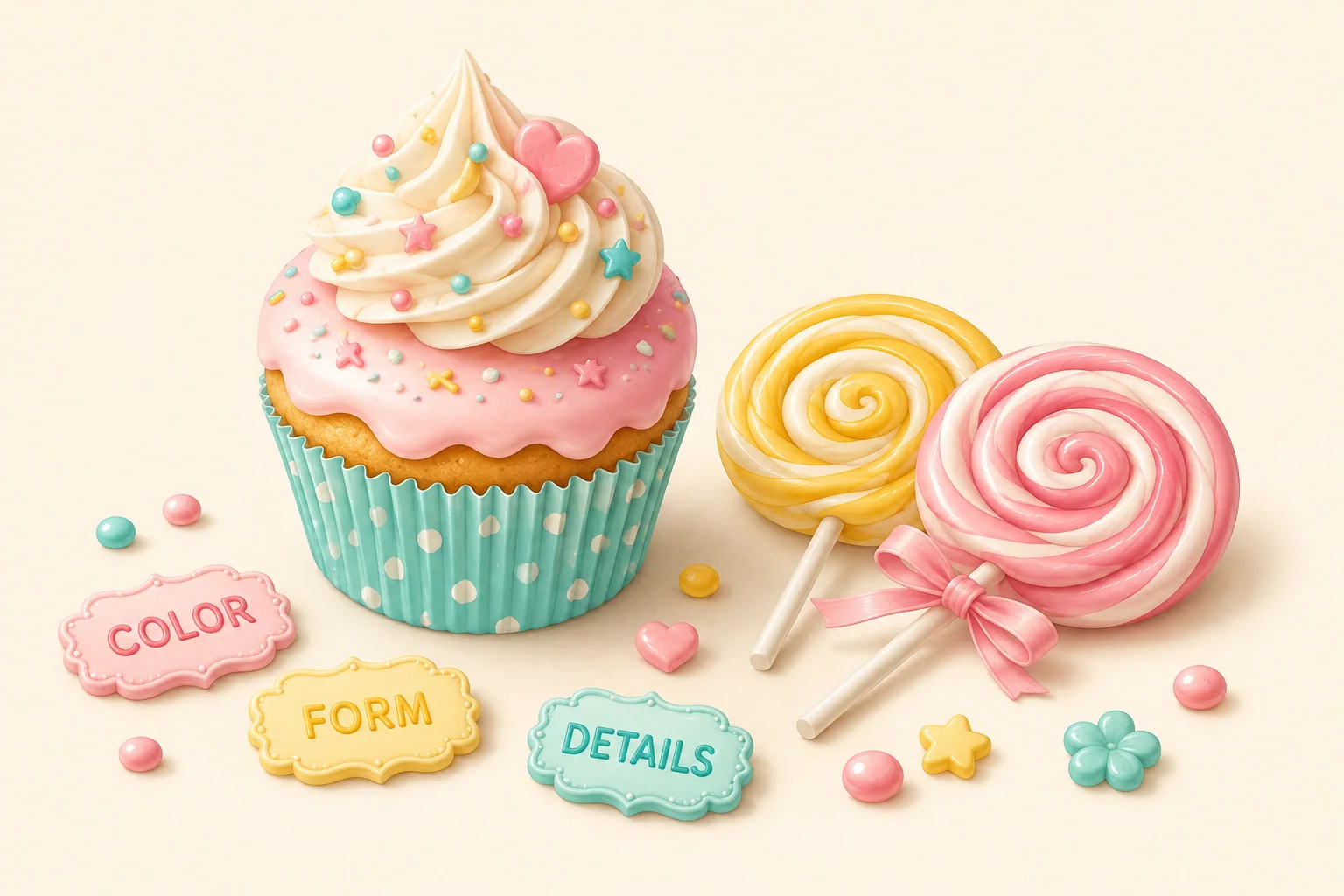 Digital concept illustration of a pastel cupcake, two spiral lollipops, glazed candy shapes and small plaques labelled Color, Form and Details